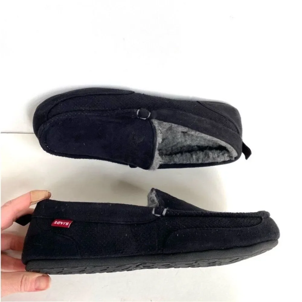 Levi’s Men’s Moccasin Slippers Fleece Lined Black Cozy Indoor Shoes Size 8–9